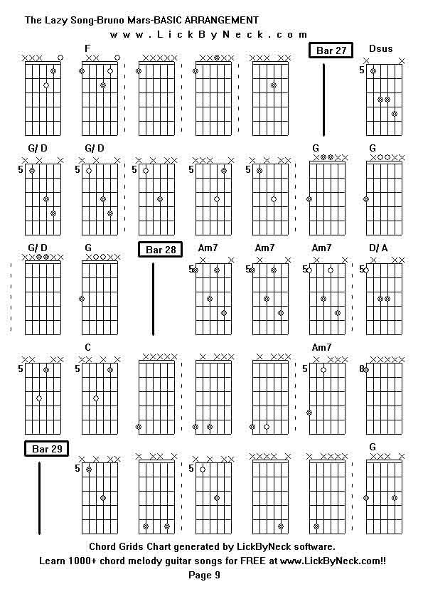 Chord Grids Chart of chord melody fingerstyle guitar song-The Lazy Song-Bruno Mars-BASIC ARRANGEMENT,generated by LickByNeck software.